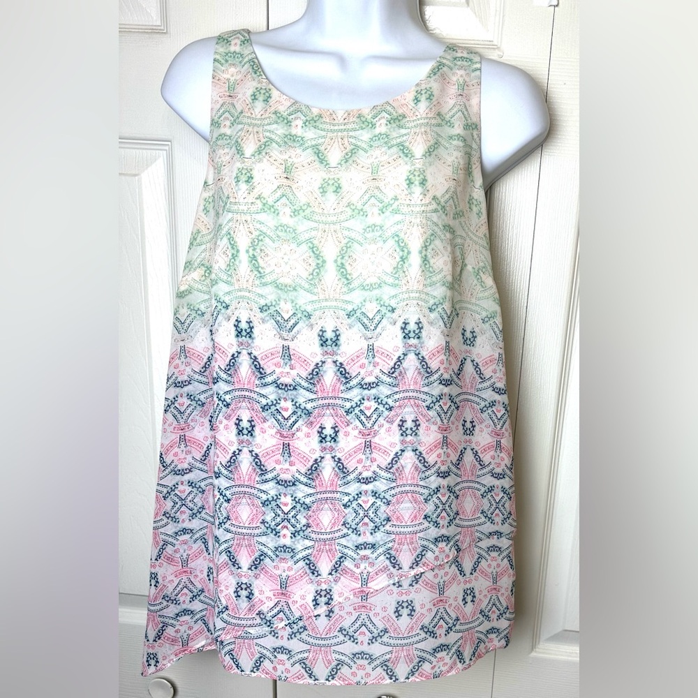 Mint CAbi #250 Mosaic Print Blouse Tank Top Shirt Heart of CAbi Layered Zipper